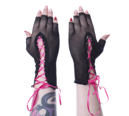 Poizen Industries Wren Lace Up Gloves Pink / Black