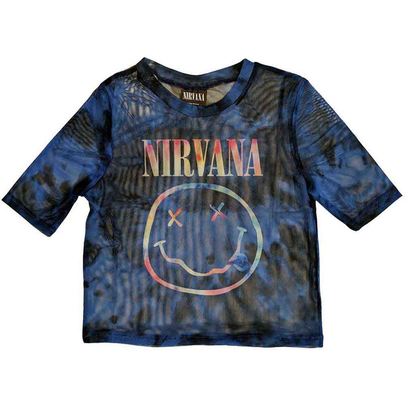 Nirvana Mesh Crop Top | Pastel Happy Face (Blue)