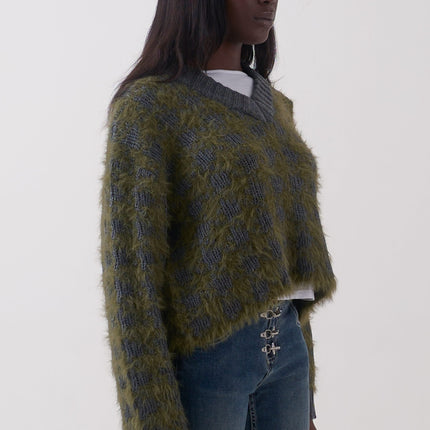 The Ragged Priest Jade Houndstooth V-Neck Knit