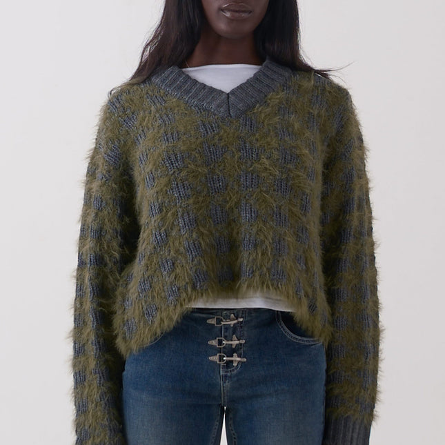 The Ragged Priest Jade Houndstooth V-Neck Knit