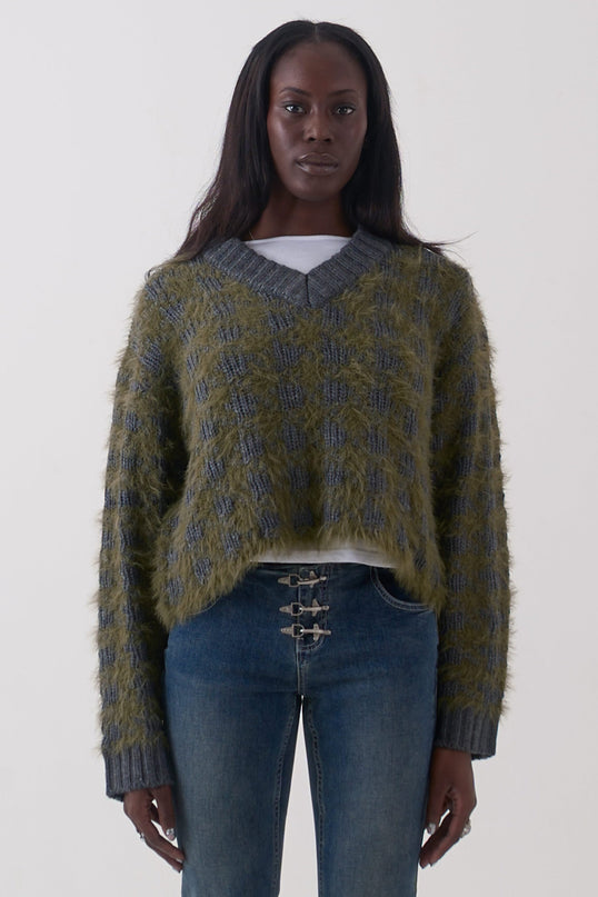 The Ragged Priest Jade Houndstooth V-Neck Knit