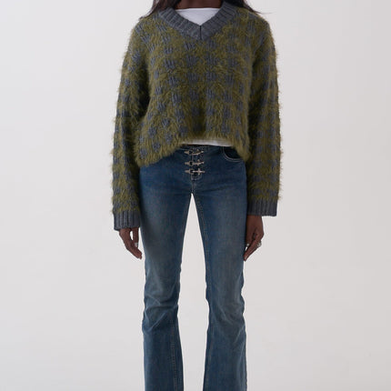The Ragged Priest Jade Houndstooth V-Neck Knit