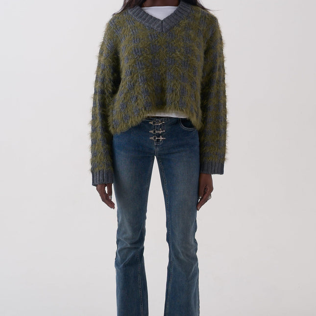 The Ragged Priest Jade Houndstooth V-Neck Knit