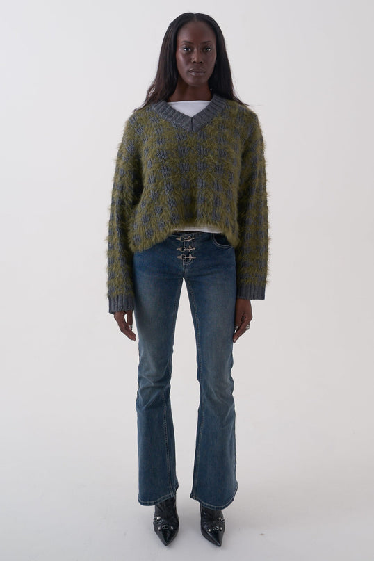 The Ragged Priest Jade Houndstooth V-Neck Knit