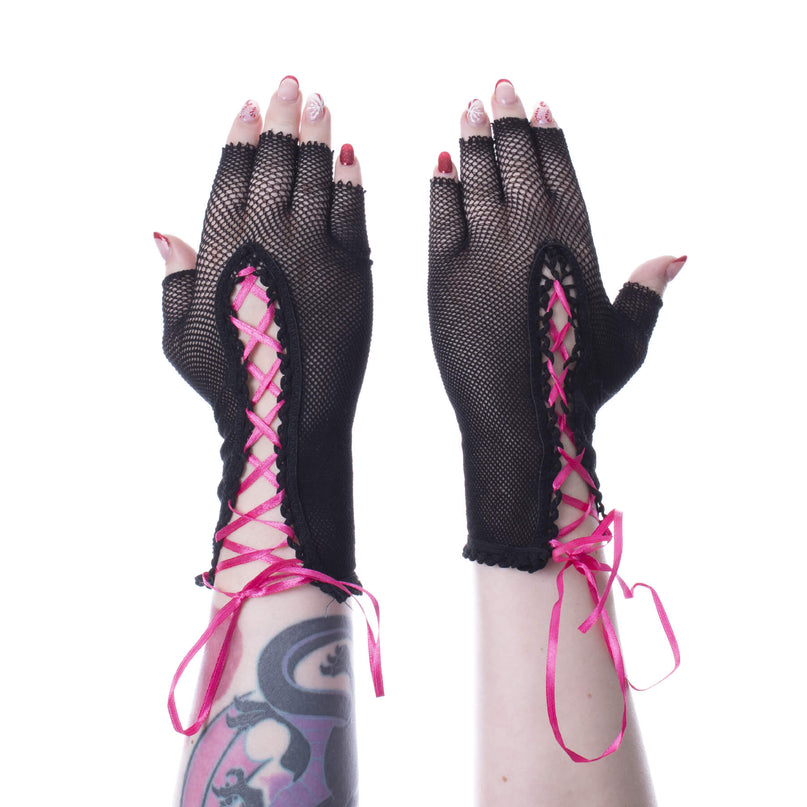 Poizen Industries Wren Lace Up Gloves Pink / Black