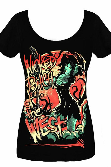 Twisted Apparel Wicked Bitch Of The West Scoop Neck T-Shirt | Black